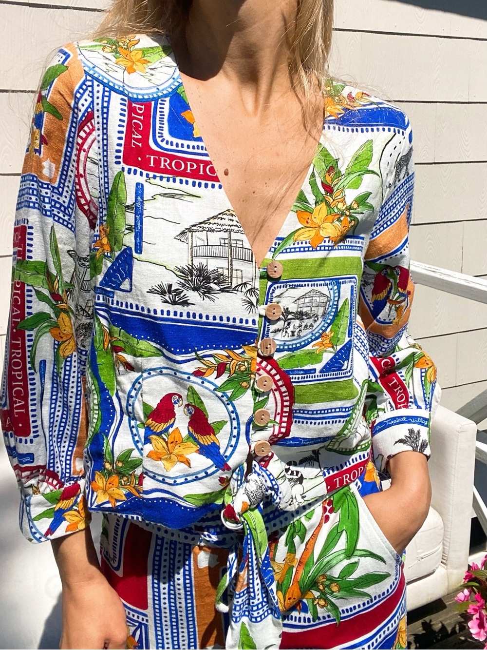 JOIE Tropical Print Linen-Blend Top & Pant Set in Royal Blue, Red, Green! 🌴 - Picture 7 of 16